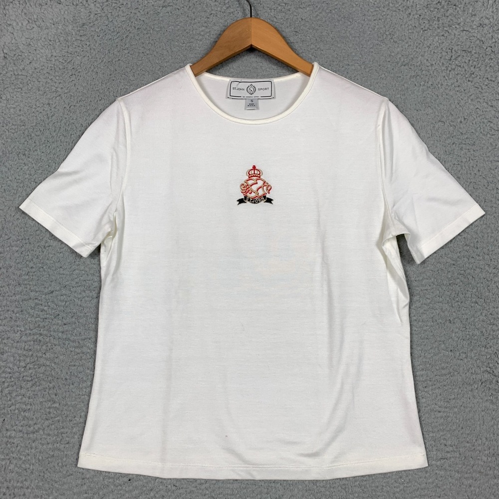 VTG St. John Sport T-Shirt‎ Women's Small Ivory Embroidered Metallic Logo Casual